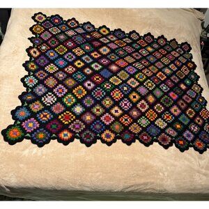 Vintage Hand Crocheted Granny Squares Quilt 63” x 50” black trim colorful vibran